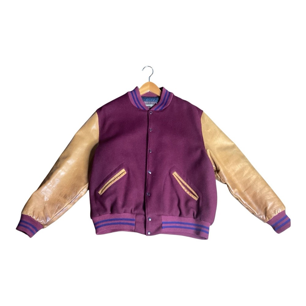 Vintage Maroon Wool & Tan Leather Letterman Jacket XL Sansabelt USA No Patches